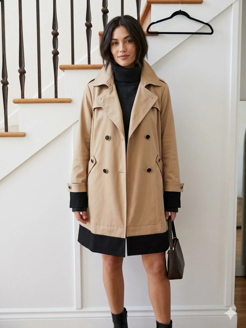 BGSD Classic Beige Trench Coat with Black Contrast Cuffs and Hood NWOT Size XL